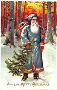 Blue Robed Santa Claus Christmas Tree Toy Bag Postcard 12-13