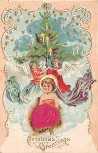 CHRISTMAS GREETINGS HOLIDAY ANGELS EMBOSSED SILK NOVELTY POSTCARD 1908 PD