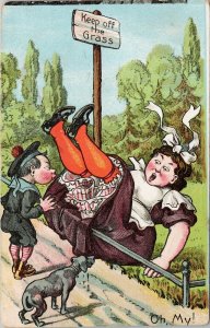 Women Falls on Grass Boy Dog Comic 'Oh My' c1907 Postcard G64