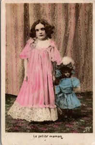 Hand Colored Real Photo Postcard La Petite Maman Little Girl and Her Doll
