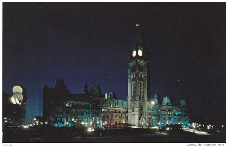 Houses of Parliament at night , OTTAWA , Ontario , Canada , 50-60s