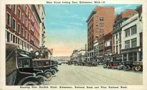 Vintage Postcard; Main Street Scene Kalamazoo MI Hotel & First National Bank