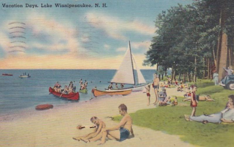 New Hampshire Lake Winnipesaukee Beach Scene Vacation Days 1942