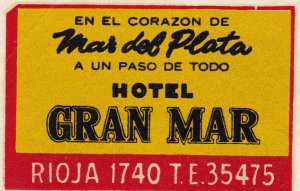 Argentina Mar Del Plata Hotel Gran Mar Vintage Luggage Label sk2482
