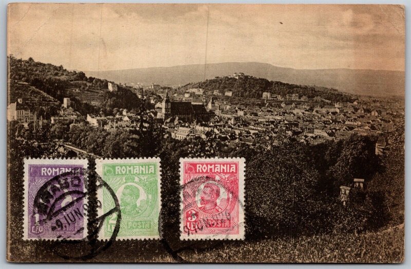 Vtg Romania Kronstadt Brasso Panorama din Braser TCV Stamp City View Postcard