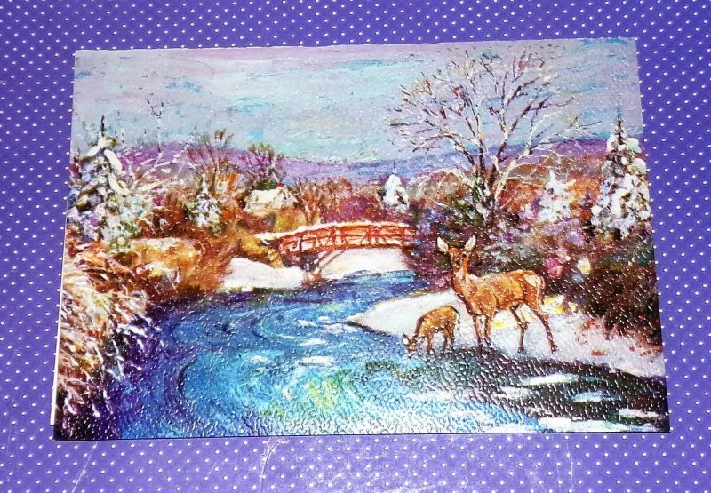 Vtg Christmas Card Embassy Winter Forest Deer Stream Bridge Scene Art Print #231