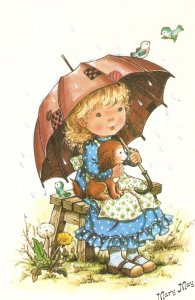 Mary May. Little girl with doll, under umbrella Modern Spanish artist signed P