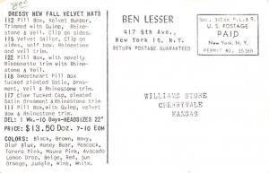 Ben Lesser Velvet Hats Advertising Typing on back 