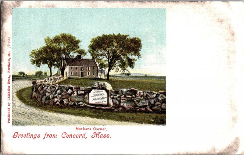 Greetings from Concord MA, Meriams Corner Undivided Back Vintage Postcard L73 