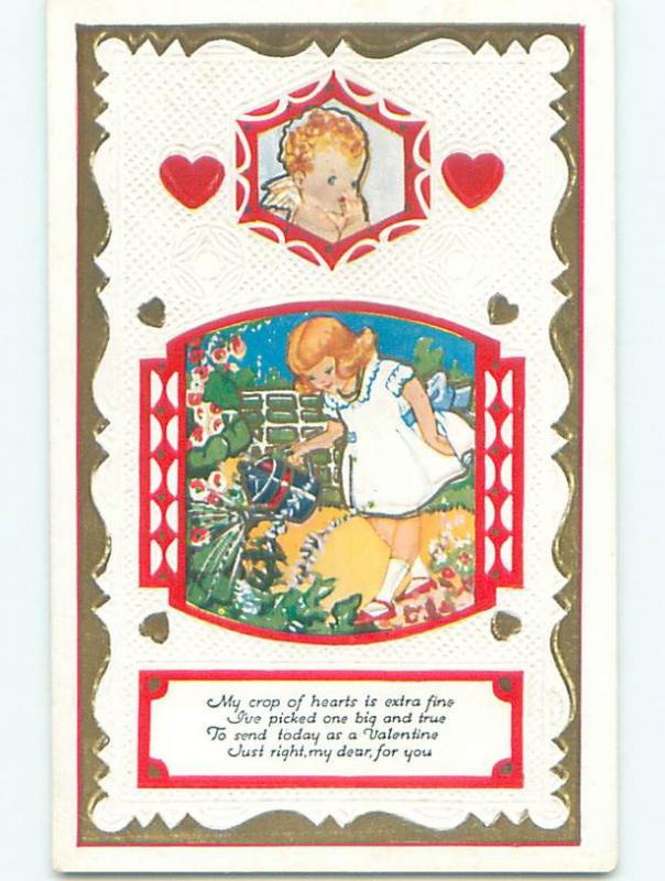 Unused Pre-Linen valentine CUTE GIRL WITH WATERING CAN WATERS FLOWERS k9363