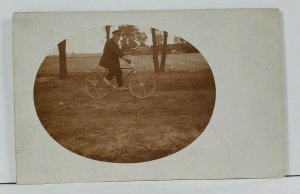 RPPC Older Man Riding Bicycle c1928 Real Photo Postcard L9