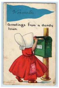 c1910s Dutch Kid, Greetings from Dandy Town Worcester Massachusetts MA Postcard 