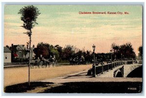 Kansas City Missouri Postcard Gladstone Boulevard Bridge Carriages c1910s Trees