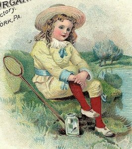  Trade Victorian Card Weaver Organ Factory Adorable Girl Fishing At Lakeside 