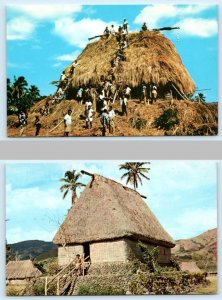 2 Postcards FIJI ~ CHIEF'S HOUSE & Builders BURE CONSTRUCTION c1960s