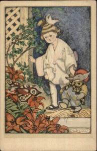 Fantasy - Little Girl Dressed Animal & Butterfly Fairy M. Grencg Postcard jrf