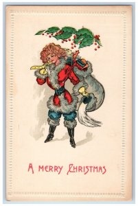 c1910's Merry Christmas Woman Santa Claus Sack Of Toys Embossed Antique Postcard 