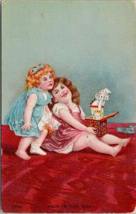 Jack In The Box Two Girls Children Playing Toy Red Green c1910 Postcard D99