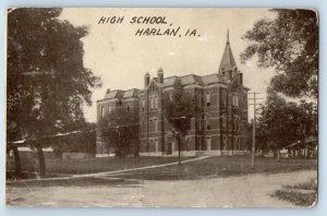 Harlan Iowa IA Postcard View Of High School Building Campus Trees Vintage