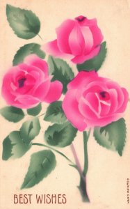 Vintage Postcard Best Wishes Kind Thoughts Three Pink Roses Souvenir Remembrance