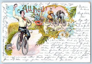 Pforzheim Germany Postcard Men Biking Animal Playing Flowers All Heil 1899