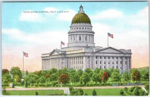 c1940s Salt Lake City, UT Utah State Capitol Flags Tree Corinthian Linen PC A291