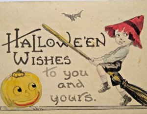 Halloween Postcard Fantasy Wall Hand Tinted Colored Witch Girl JOL Bat Bergman 