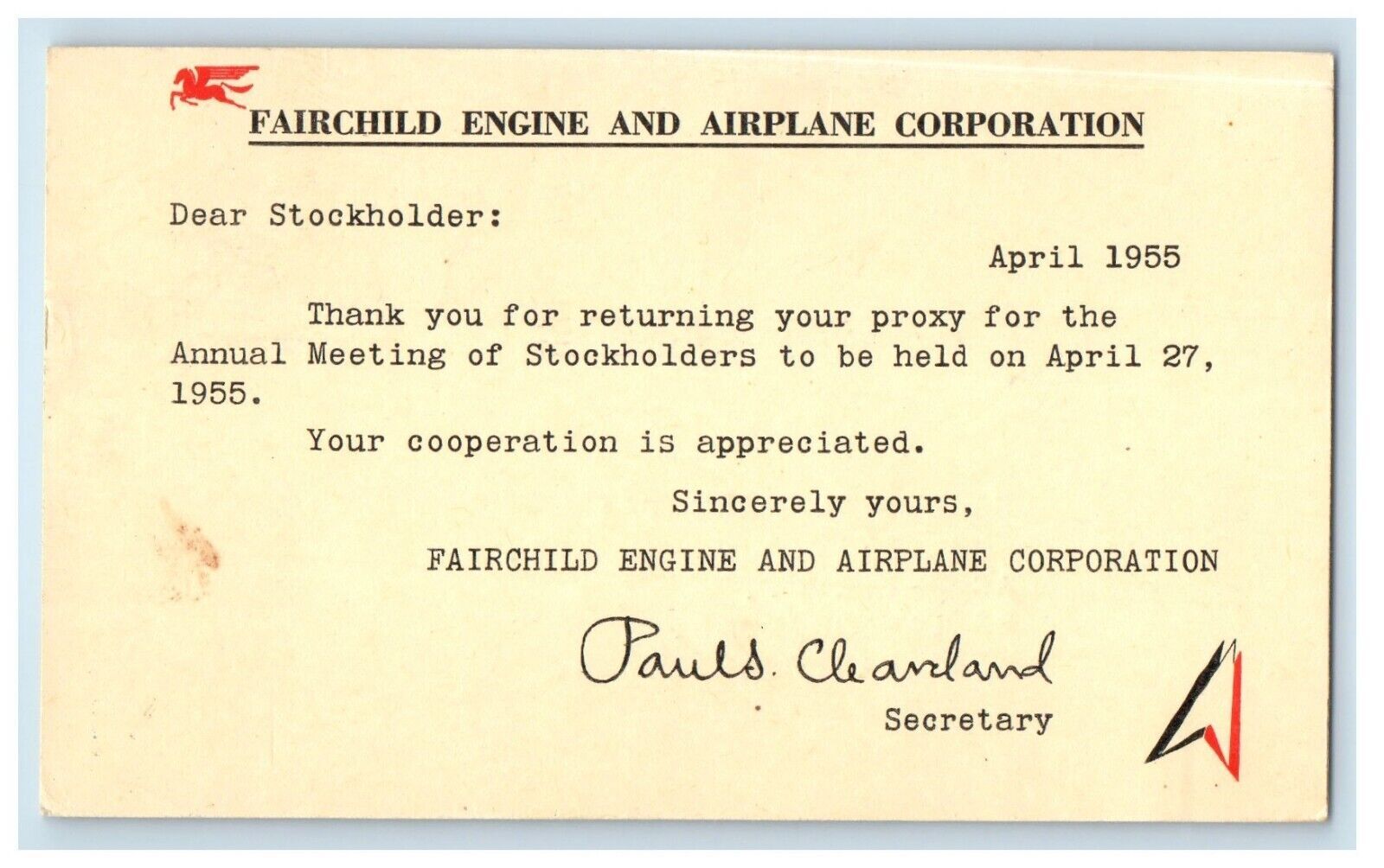 1955 Fairchild Engine Airplane Co. Stockholder Meeting West Hartford CT