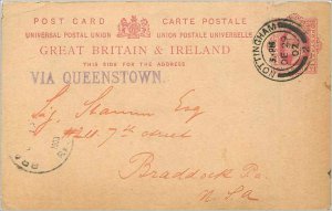 Entier Postal Stationery 1p Nottingham for USA Braddock