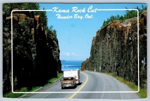 Ford Pulling A Travel Trailer, Kama Rock Cut, Thunder Bay Ontario Postcard