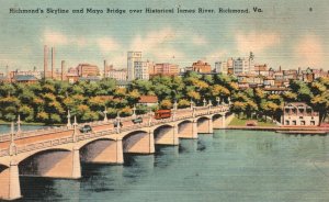 Vintage Postcard 1949 Skyline & Mayo Bridge Historical James River Richmond VA