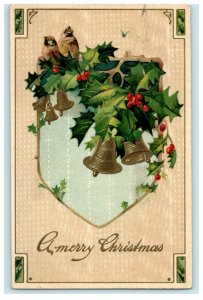 Antique 1910's Christmas Song Birds Gold Bells Holly Embossed Postcard 