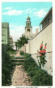 Vintage Postcard Stone Alley & Town Clock Town Scene Church 1 Cent Stamp