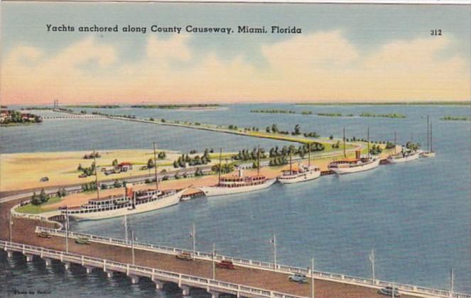 Florida Miami Yachts Anchored Along Causeway 1945