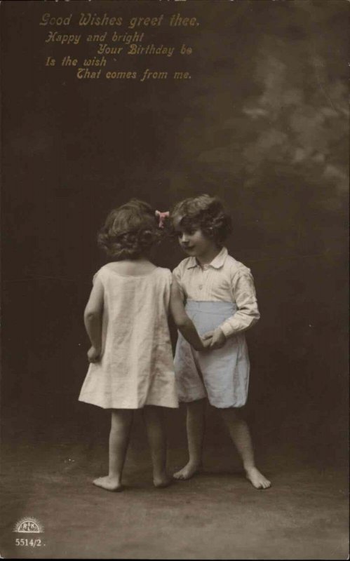 Vintage RPPC Birthday Cute Little Children Girl and Boy Tinted Real Photo