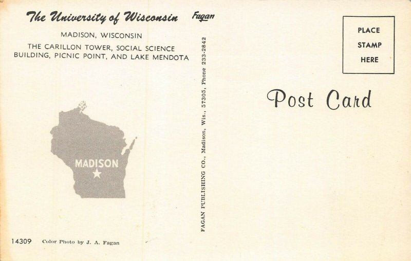 MADISON WI~CARILLON TOWER-SOCIAL SCIENCE BLDG-PICNIC POINT-LAKE MENDOTA POSTCARD