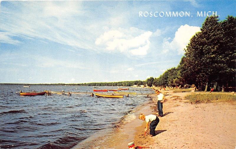 Roscommon Michigan~Little Boys Playing on Beach along Lake~1950s Postcard