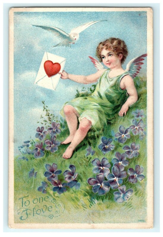 1958 To One I Love Valentines Angel Flowers Holding Card Dove Embossed Postcard