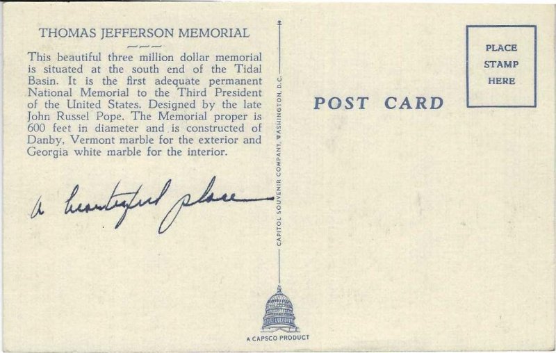 Vtg 1940's Thomas Jefferson Memorial, Washington D.C. Postcard