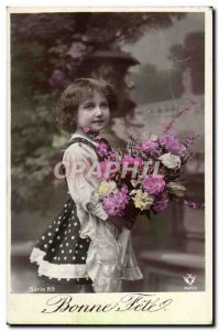 Fancy - children - girl - Bonne Fete - Madeline - pink - Old Postcard