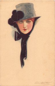 Fashion Glamour Art by Mauzan Lady Woman Hat Scarf Portrait postcard C329