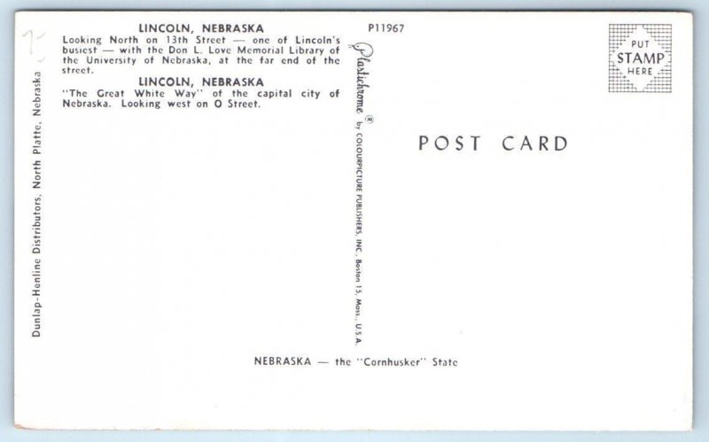 LINCOLN, NE Nebraska ~ 2 STREET SCENES One is Night Neon c1950s Cars Postcard