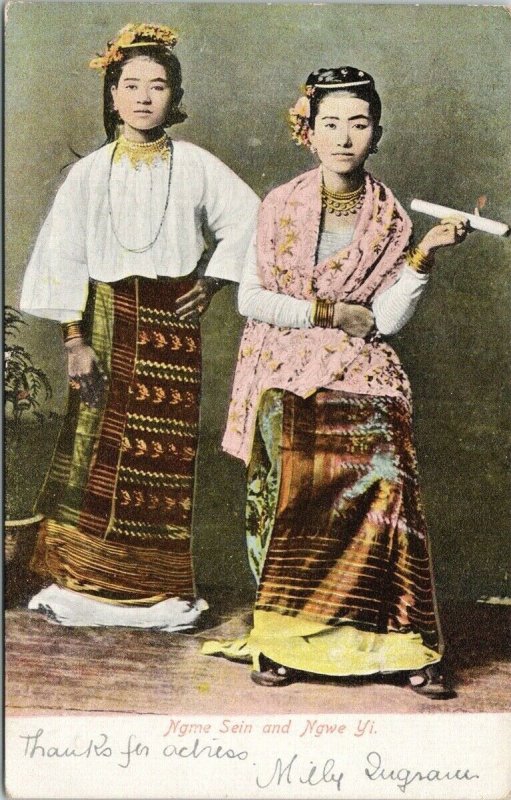 Ngme Sein & Ngme Yi Myanmar Burma c1907 Rangoon Postcard F13