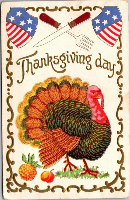 Thanksgiving Day, Turkey Knife & Fork Embossed c1908 Vintage Postcard J02