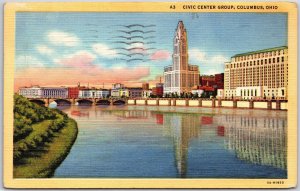 Columbus Ohio, 1946 Civic Center Group, Buildings, River Reflections, Postcard