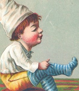 1870s-80s Victorian Trade Card Comical Where's My Shoe Cute Child P75