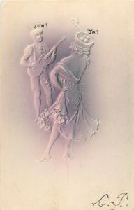 Novelty early postcard embossed dancers purple fantasy guitar serenade 