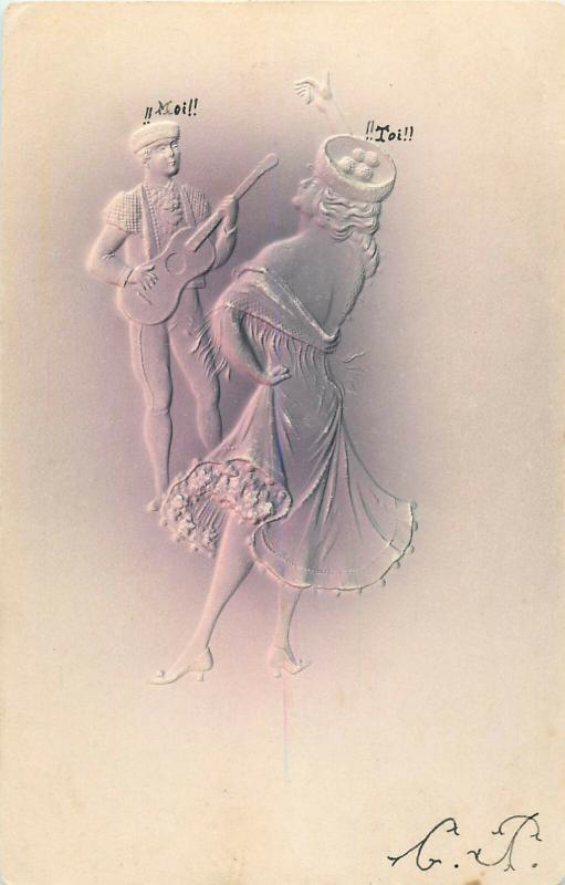 Novelty early postcard embossed dancers purple fantasy guitar serenade 