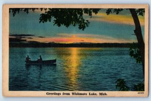 1940 Whitmore Lake Michigan Postcard Greetings Sunset Canoeing Boat Trees Linen