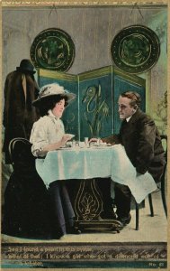 Vintage Postcard 1910's I Found a Pearl in the Oyster Couple Having Dinner